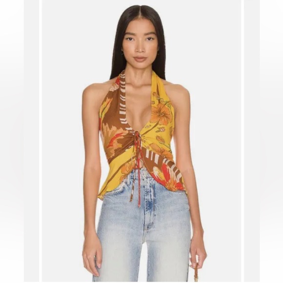NWT Free People Hot Tropics Cinched Tank Top Halter V Neck Racerback Sz XS - Picture 1 of 8